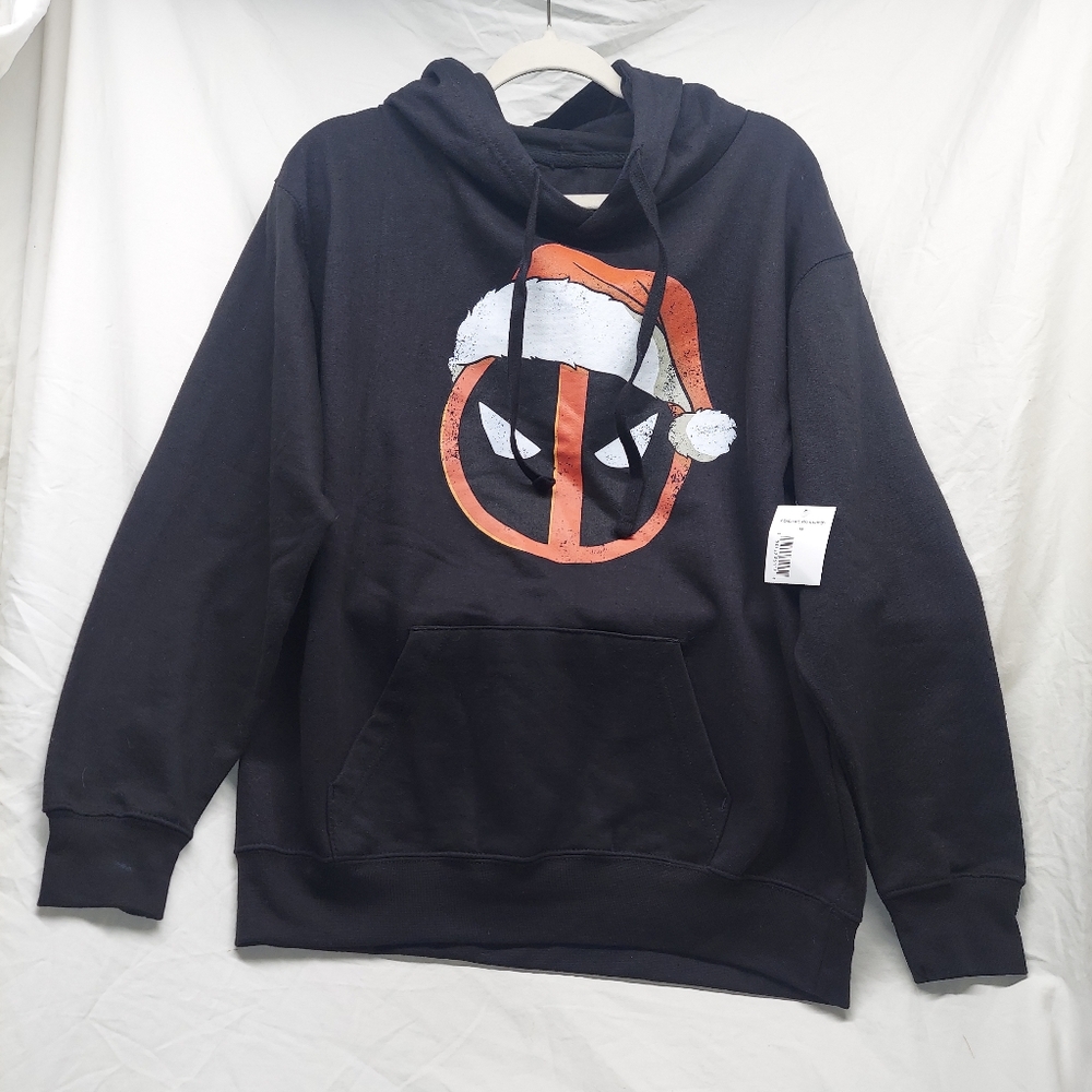 Deadpool Santa Hat Graphic Black Hoodie Sweatshirt Size Medium